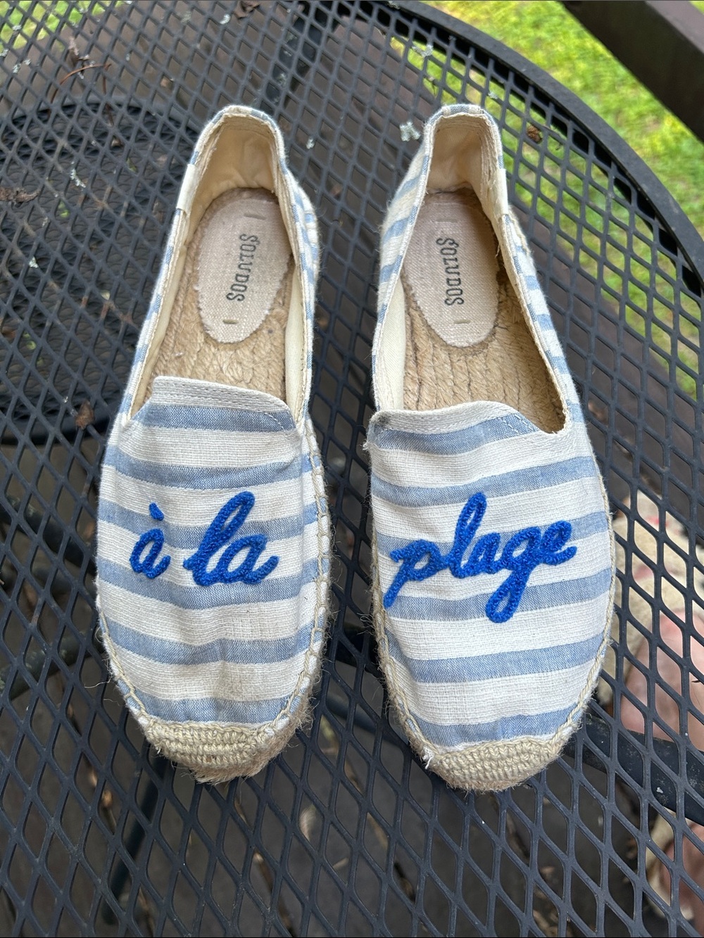 Striped Espadrille Flats with Blue Script